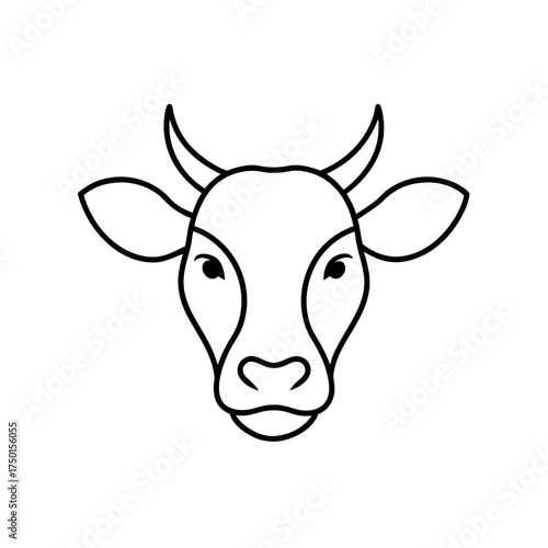 Outline drawing of a cow head with horns and ears on transparent background