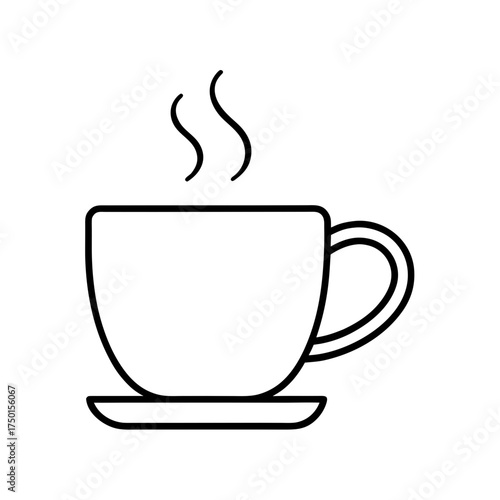 Outline drawing of a cup with steam on a saucer on transparent background
