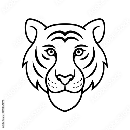 Illustration of a tiger head in black and white line on transparent background
