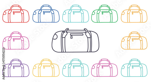 Colorful outlines of duffel bags in varied arrangements and hues