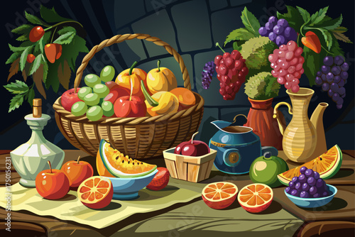 vector of Naturally, we would die for our renaissance-style shoot of light and dark fruits and colorful canastas against a black background and on a rustic table...
