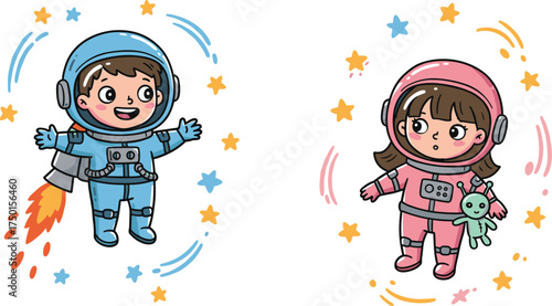 children, astronaut, cartoon, space, suit, helmet, rocket, jetpack, alien, doll, star, galaxy, universe, exploration, adventure, illustration, vector, design, fantasy, cosmic, activity