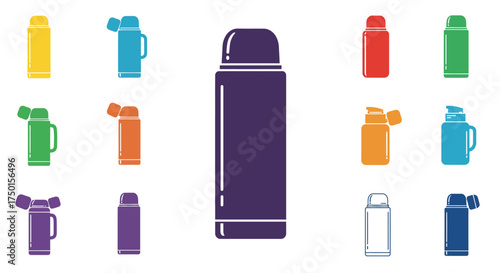 Colorful stainless steel thermos flasks set in various arrangements