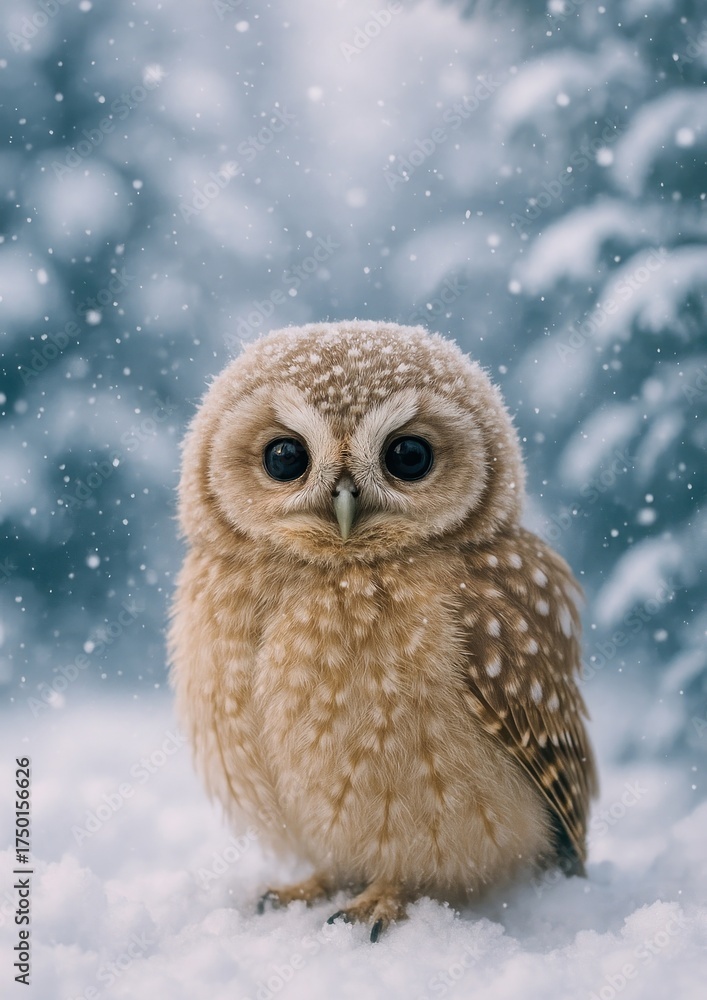 Naklejka premium Cute owl in snowy forest