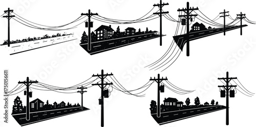 suburban, rural, street, scene, utility, pole, power, line, electricity, road, building, house, tree, silhouette, urban, infrastructure, vector, illustration, design, energy, distribution