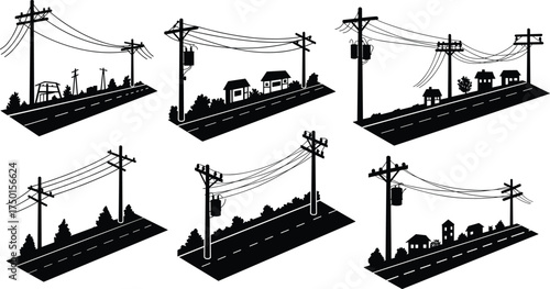 utility, pole, power, line, electricity, grid, transformer, insulator, rural, suburban, house, tree, road, silhouette, urban, infrastructure, vector, illustration, design, energy, distribution