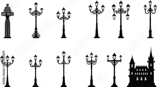 art, deco, street, lamp, pole, silhouette, ornate, decorative, lantern, vintage, castle, architecture, design, vector, illustration, urban, city, historical, cultural, lighting, element