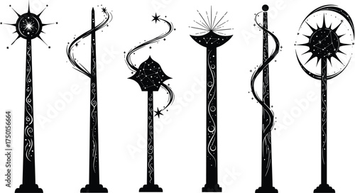 Fantasy magical staffs and wands, enchanted silhouette designs with stars, mystical wizard tools, magical energy artwork, decorative fantasy illustration
