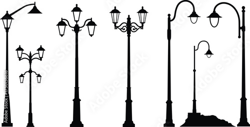 vintage, street, lamp, pole, silhouette, ornate, decorative, lantern, classical, antique, urban, city, architecture, design, vector, illustration, public, lighting, historical, element, traditional