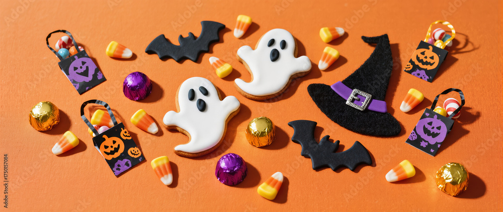 Fototapeta premium Halloween Flatlay Advertisement Orange Fabric Spooky Cookies Candy Corn Witch Hat Trick or Treat Bags