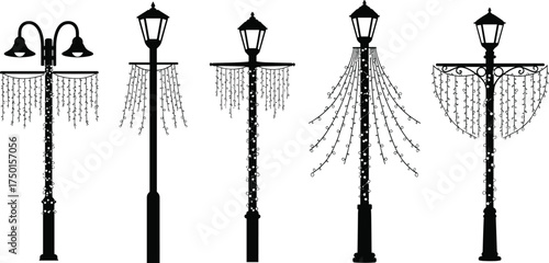 street, lamp, pole, silhouette, ornate, decorative, lantern, string, light, festive, holiday, celebration, urban, city, architecture, design, vector, illustration, public, lighting, decoration