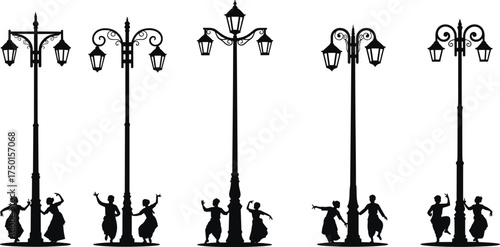 street, lamp, ornate, decorative, lantern, pole, silhouette, children, playing, dancing, joyful, vintage, classical, urban, city, architecture, design, vector, illustration, public, lighting