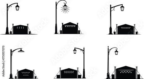 street, lamp, pole, silhouette, ornate, decorative, lantern, building, structure, roof, urban, city, architecture, design, vector, illustration, public, lighting, artistic, plaza, element