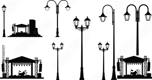 street, lamp, pole, silhouette, ornate, decorative, lantern, concert, stage, music, instrument, drum, microphone, speaker, urban, event, vector, illustration, design, performance, entertainment