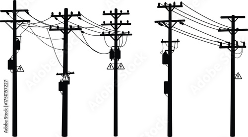 utility, pole, power, line, transformer, insulator, electricity, grid, high, voltage, urban, infrastructure, silhouette, design, vector, illustration, distribution, energy, network, structure, system