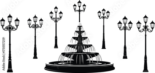 fountain, water, ornate, decorative, street, lamp, lantern, pole, silhouette, vintage, classical, urban, city, architecture, design, vector, illustration, public, lighting, plaza, park