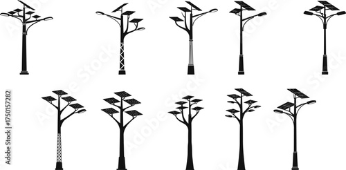 solar, powered, street, lamp, pole, silhouette, renewable, energy, sustainable, lighting, electricity, urban, outdoor, city, infrastructure, design, vector, illustration, eco, green, technology