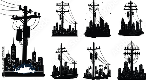 Urban electrical power poles silhouette with transformers, utility lines, city skyline background, infrastructure, malfunction sparks, energy distribution, engineering illustration