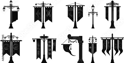 street, lamp, banner, pole, silhouette, medieval, fantasy, ornate, decorative, lantern, scrollwork, finial, urban, city, design, vector, illustration, cultural, artistic, signage, architecture