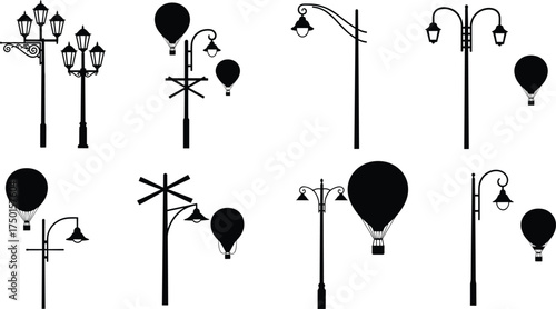 street, lamp, lantern, pole, silhouette, ornate, decorative, hot, air, balloon, urban, outdoor, city, architecture, design, vector, illustration, public, lighting, scenery