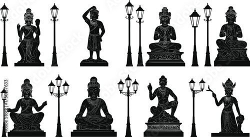 statue, silhouette, deity, figure, traditional, attire, pose, gesture, pedestal, street, lamp, lantern, ornate, decorative, urban, city, architecture, design, vector, illustration, cultural