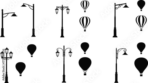 street, lamp, lantern, pole, silhouette, ornate, decorative, hot, air, balloon, urban, outdoor, city, architecture, design, vector, illustration, public, lighting, scenery