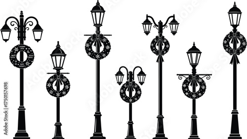 street, lamp, festive, holiday, wreath, decorative, ornate, lantern, pole, silhouette, urban, outdoor, city, architecture, design, vector, illustration, public, lighting, seasonal, celebration