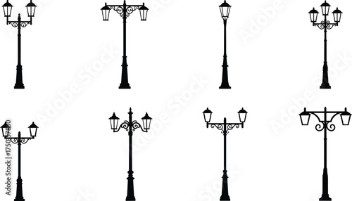 street, lamp, vintage, ornate, decorative, lantern, pole, silhouette, scrollwork, finial, multiple, lanterns, urban, outdoor, city, architecture, design, vector, illustration, public, lighting