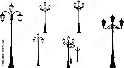 street, lamp, vintage, ornate, decorative, lantern, pole, silhouette, scrollwork, finial, multiple, lanterns, urban, city, architecture, design, vector, illustration, public, lighting, infrastructure