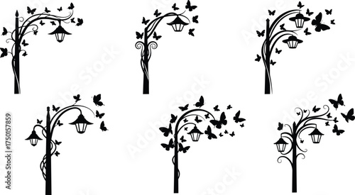 street, lamp, butterfly, vine, silhouette, ornate, decorative, lantern, pole, floral, artistic, urban, outdoor, city, architecture, design, vector, illustration, public, lighting, scenery