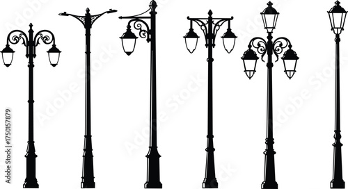 street, lamp, vintage, ornate, decorative, lantern, pole, silhouette, scrollwork, finial, urban, outdoor, city, architecture, design, vector, illustration, public, lighting, infrastructure, scenery