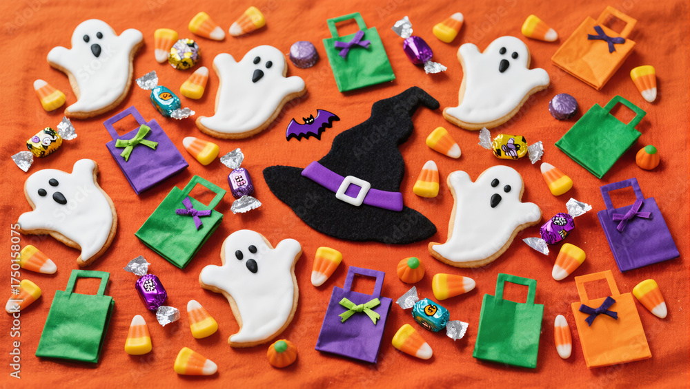 Obraz premium Halloween Flatlay Advertisement Orange Fabric Spooky Cookies Candy Corn Witch Hat Trick or Treat Bags