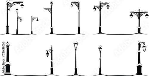 street, lamp, snow, winter, silhouette, ornate, decorative, vintage, lantern, pole, urban, outdoor, city, architecture, design, vector, illustration, public, lighting, infrastructure, scenery