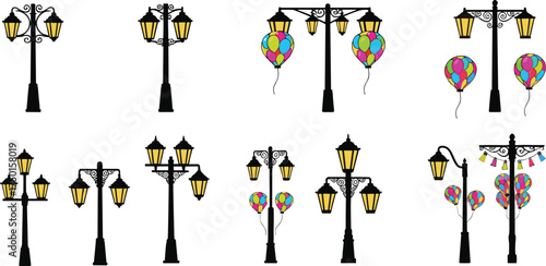 street, lamp, balloon, lantern, flag, silhouette, ornate, decorative, colorful, festive, pole, urban, outdoor, city, architecture, design, vector, illustration, public, lighting, celebration