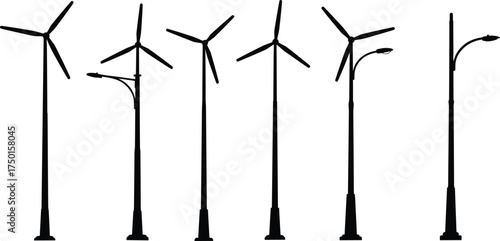 street, lamp, wind, turbine, pole, silhouette, renewable, energy, sustainable, infrastructure, urban, outdoor, city, design, vector, illustration, public, lighting, electricity, eco, hybrid