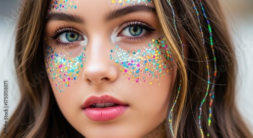 Glittering Beauty: Close-Up of a Young Woman with Colorful Face Glitter and Hair Tinsel