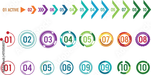 A versatile collection of colorful numbered arrow and circle markers for creating infographics, timelines, and process diagrams