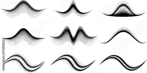 Collection of nine abstract monochrome brush stroke shapes. A set of hand-drawn wavy lines and artistic swirls perfect for creative design elements