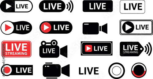 Collection of Live Streaming and Broadcast Icons, Symbols, and Buttons for Online Content Creation and Video Production