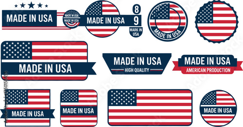 Made in USA Quality Labels and Badges with American Flag Elements Representing American Manufacturing and Products