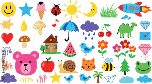 Adorable Collection of Hand-Drawn Cartoon Elements Perfect for Playful Designs and Creative Projects