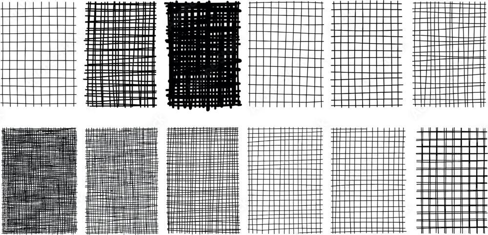 Assortment of hand-drawn hatching and cross-hatching textures. A versatile set of rough sketch grid patterns for creative projects