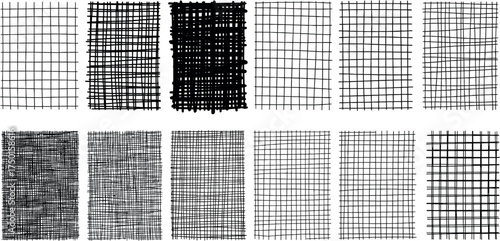 Assortment of hand-drawn hatching and cross-hatching textures. A versatile set of rough sketch grid patterns for creative projects