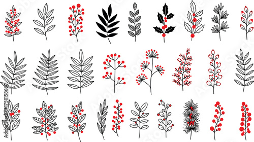 Collection of stylized botanical elements with black leaves and red berries, hand-drawn vector set for nature-inspired designs, holiday decorations, and festive greetings