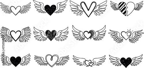 Collection of Hand-Drawn Winged Hearts, Ideal for Valentine's Day and Romantic Designs