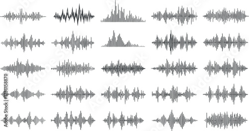 Set of isolated black sound waves on a white background. A collection of diverse audio waveforms for music, voice, and sound design projects