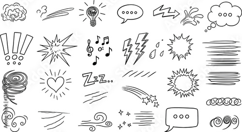 A collection of hand-drawn doodle elements and comic book expression symbols like speech bubbles, lightning bolts, and weather icons on a white background