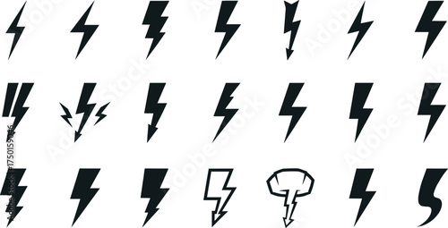 Collection of Lightning Bolt Icons Diverse Designs for Energy, Power, and Weather Illustrations