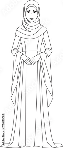 Line art coloring page of a modest woman wearing a hijab.