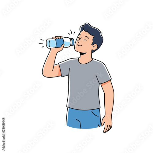 Cartoon man drinking water from a bottle refreshing himself vector illustration isolated on white background